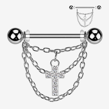 A Pair of Triple Chained Sparkle Cross Nipple Barbell-Clear Gem